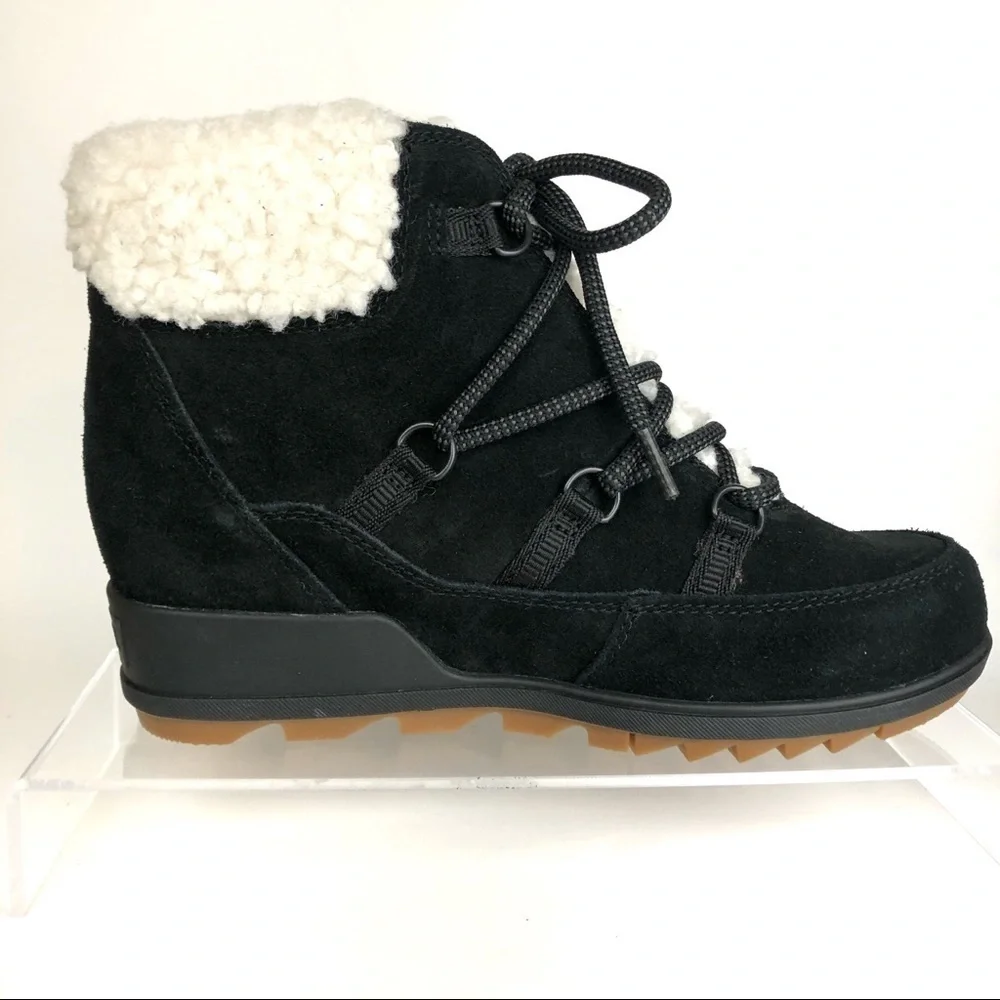 Sorel Black Suede Sherpa Sheep like Fur Wedge Comfy Shoes Sz 9 - HTF_6